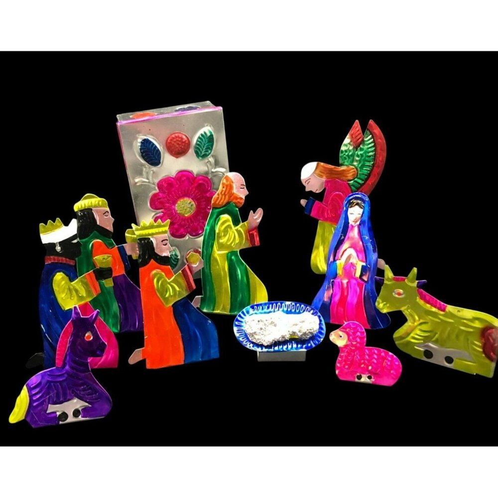Mexican Tin Punch Nativity Set With Colorful 11-Piece Figures & Decorative Stora